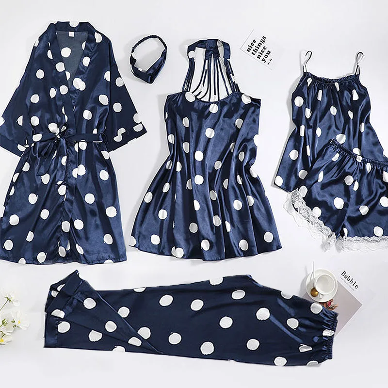 

6PCS Women's Pajamas Sets Soft Pyjama Dot Pattern Women Sleepwear Sets Female Satin Spring Autumn Homewear Sexy Robe Nightwear