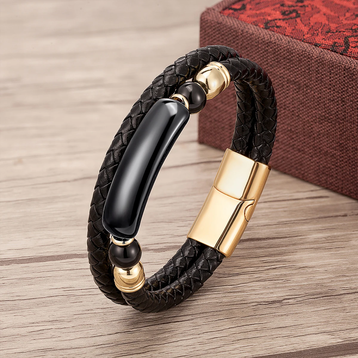 Fashion Echtes Leder Armband Männer Multilayer Seil Natürliche Stein Armbänder Edelstahl Magnetische Schließe Armreif Männlichen Schmuck – Detail 7