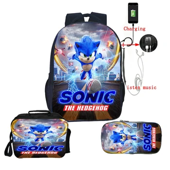

3 pcs set Sonic Backpack Large School Backpack USB Charge Teen Girl Backpack Children Book Bag Fashion School Bag Pencil Case
