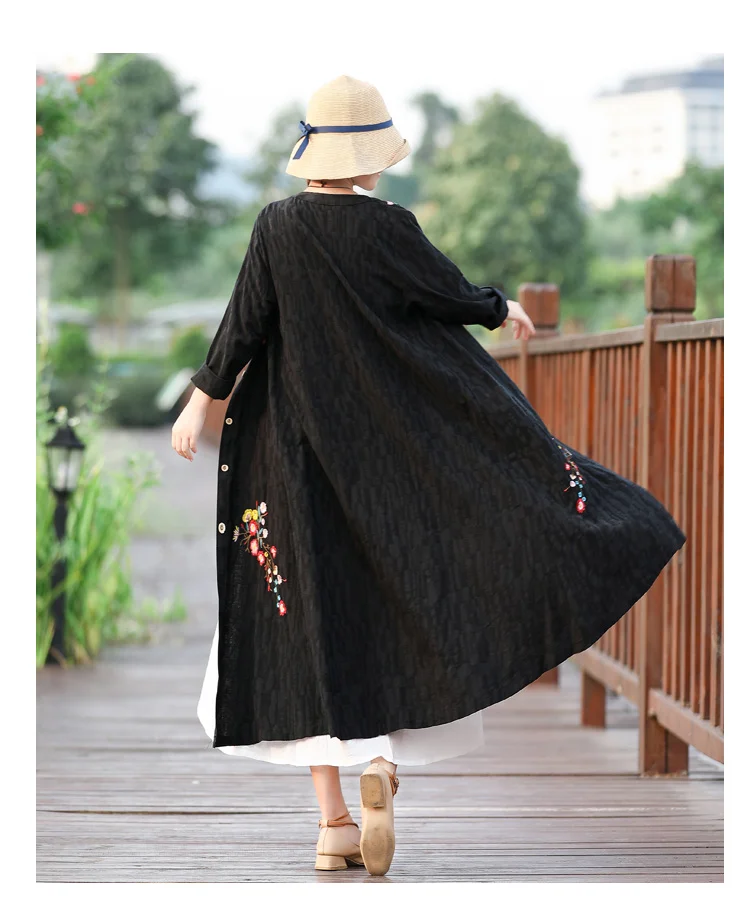 Autumn Clothing New Style Jacquard Embroidered Cotton Linen Retro Cardigan Elegant Large Size Mid-length Women's