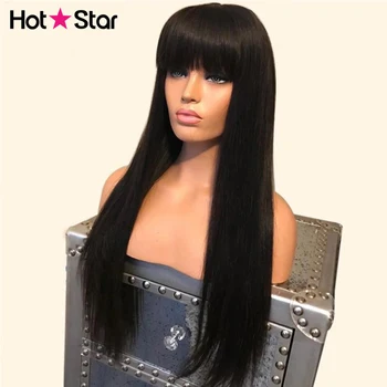 

Straight Human Hair Wigs With Bangs Malaysian Headband Wig Straight Full Machine Made Bangs Wig Remy Cheap Human Hair Scarf Wigs