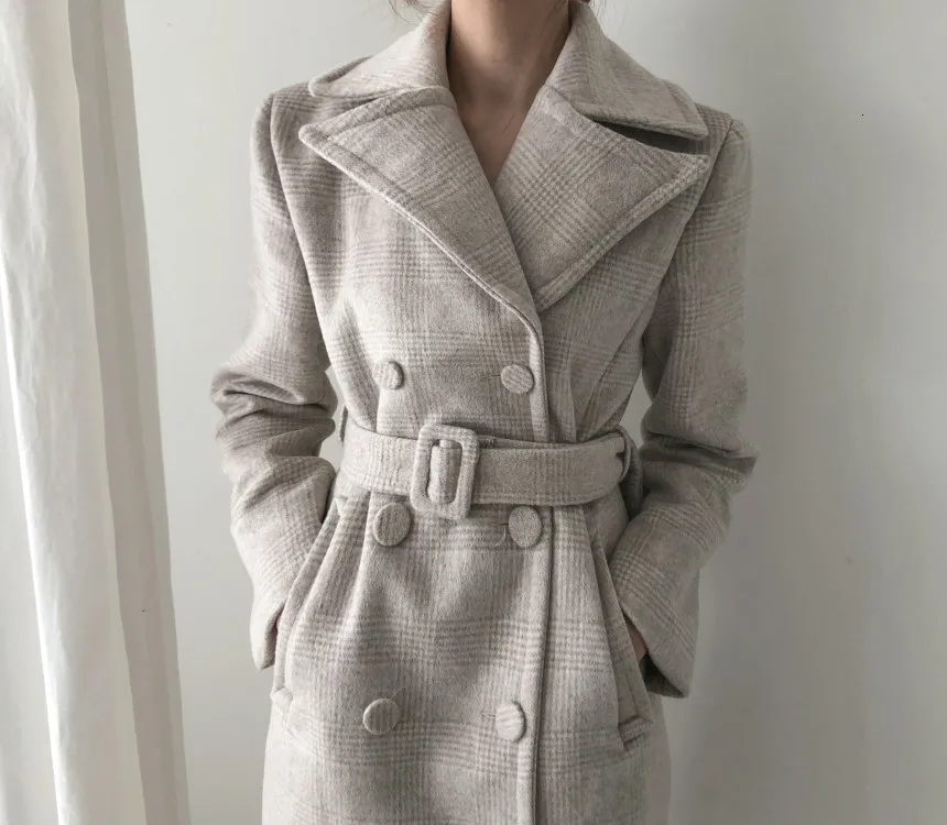 Зимнее женское пальто, новое шерстяное Casaco Feminino, Модное Длинное клетчатое пальто с поясом, офисное Женское пальто, манто Femme Hiver