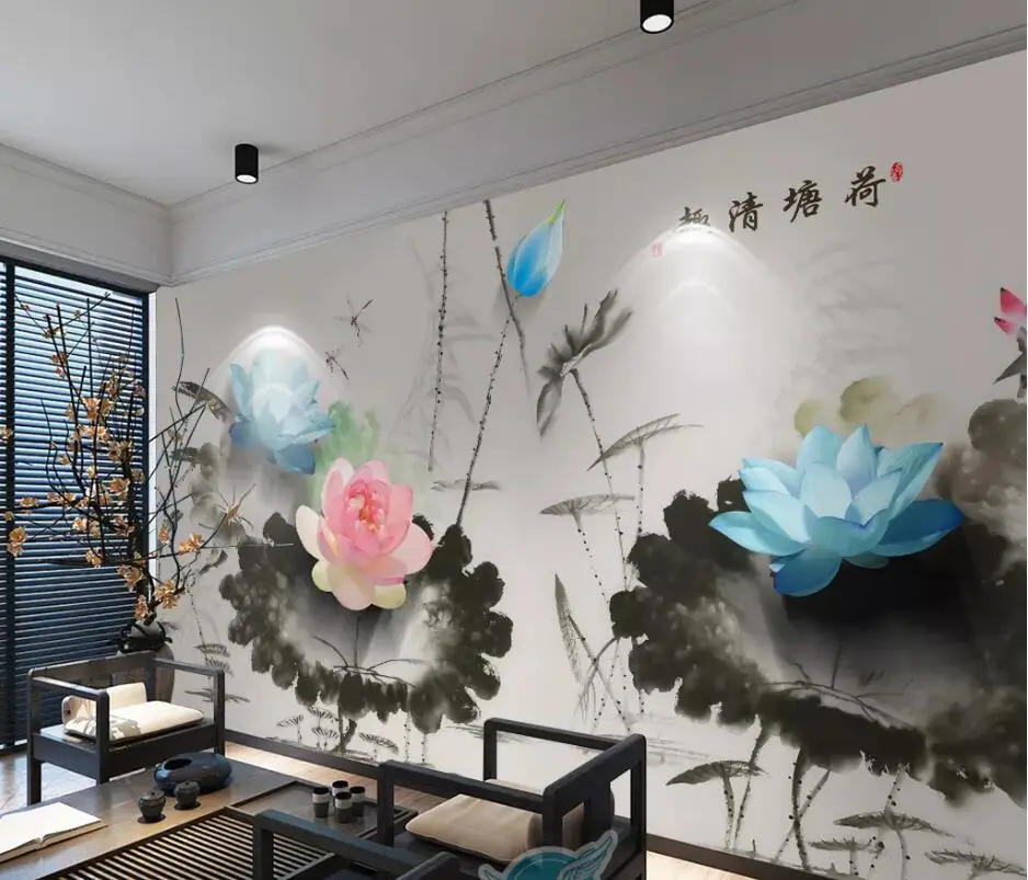 beibehang Custom wallpaper 3d flower New Chinese mood colorful ink lotus TV background wall decoration painting wallpaper обои