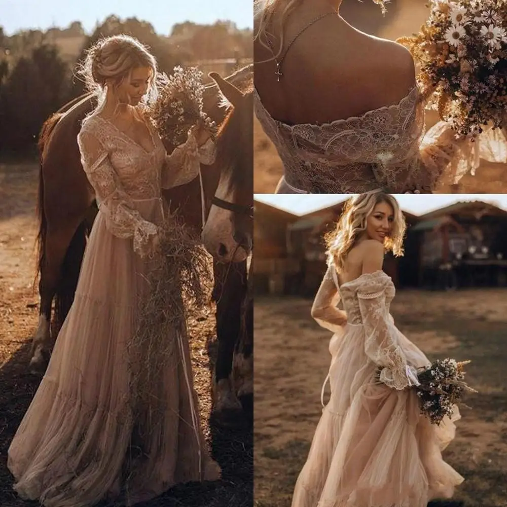 

Country Style Vintage Plus Size A Line Wedding Dresses Off Shoulder Lace Appliques Long Sleeves Tulle Wedding Bridal Gowns