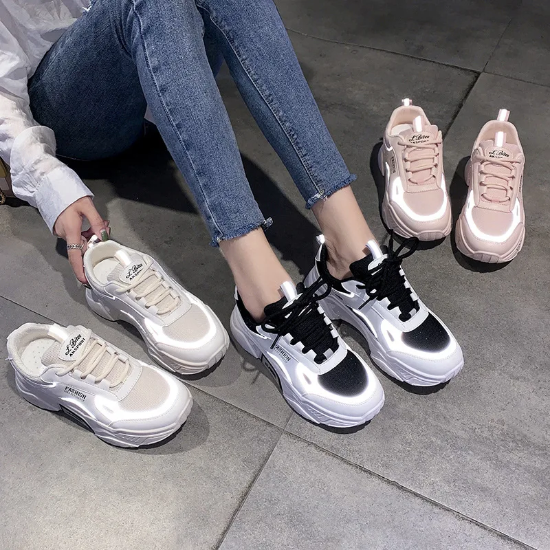 

2019 Glitter Women's Chunky Sneakers Fashion New Leather Women's Lace Up Pink Woman Dad Footwear Zapatillas Mujer 35-40 Sneaker