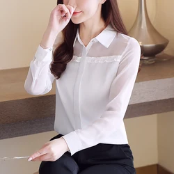 Camisa feminina coreana chiffon, blusa feminina manga comprida camisa branca com babados e renda