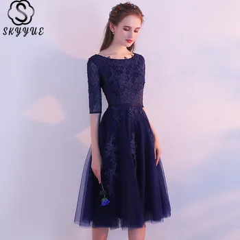 

Skyyue Dress Prom Solid Tulle Half Sleeve O-Neck Short Prom Dresses Lace A-Line Vintage Knee-Length Vestidos De Gala LX396