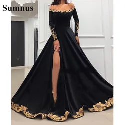 Sumnus Saudi Arabic Long Sleeve Evening Gowns Formal Dresses Gold Flowers Lace High Slit Off Shoulder Prom Dress Women Gown