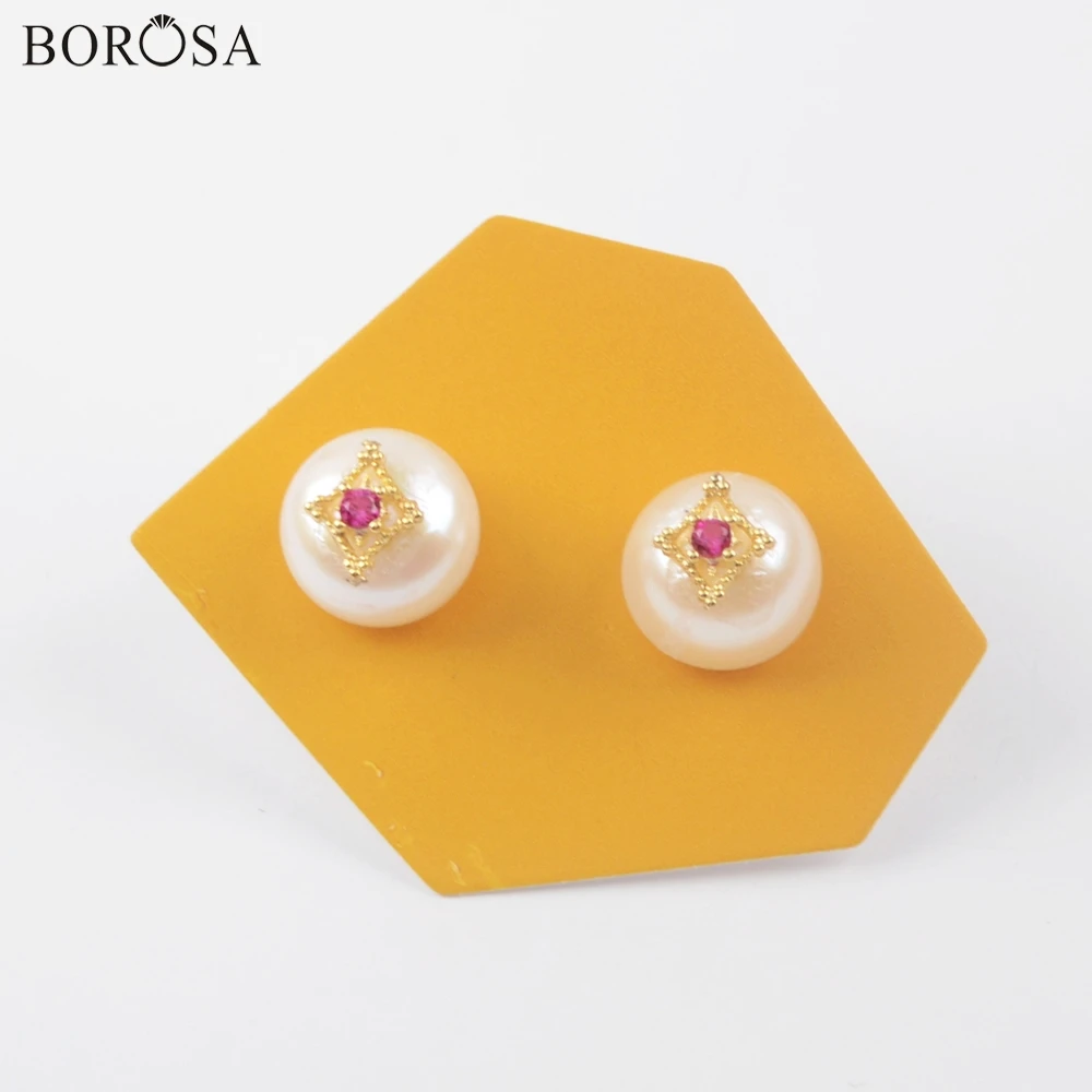 BOROSA серьги из натурального жемчуга, 10 пар, элегантные, 11 мм., много фианитов, с покрытием из натурального пресноводного жемчуга, серьги-гвоздики для женщин, повседневные ювелирные изделия G1918