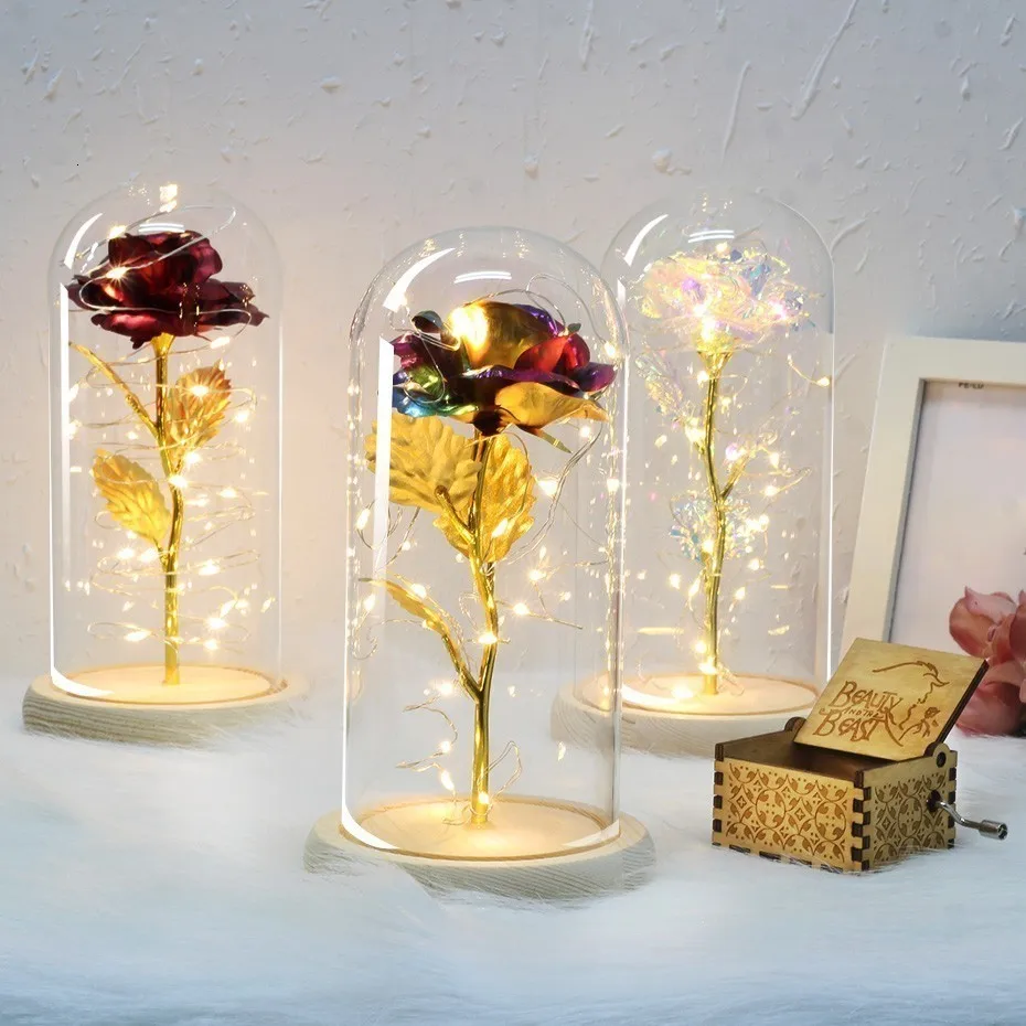 

2019 HOT Beauty And The Beast Gold-plated Red Rose With LED Light In Glass Dome For Mother's Day Gift Valentines Day Gift