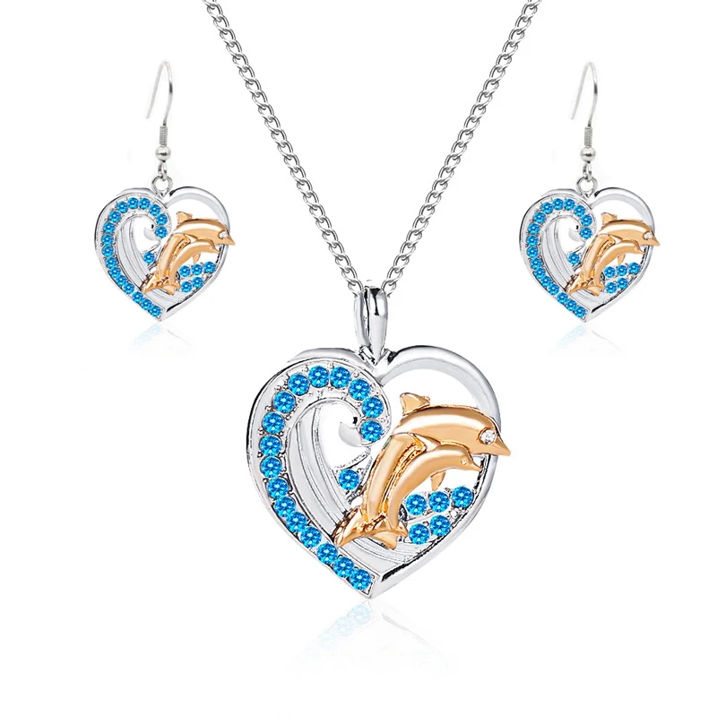 Trendy Dolphin Heart Pendant Necklace Blue Crystal Rhinestone Whale Wave Chain Necklaces Chokers Jewelry Love Gifts | Украшения и