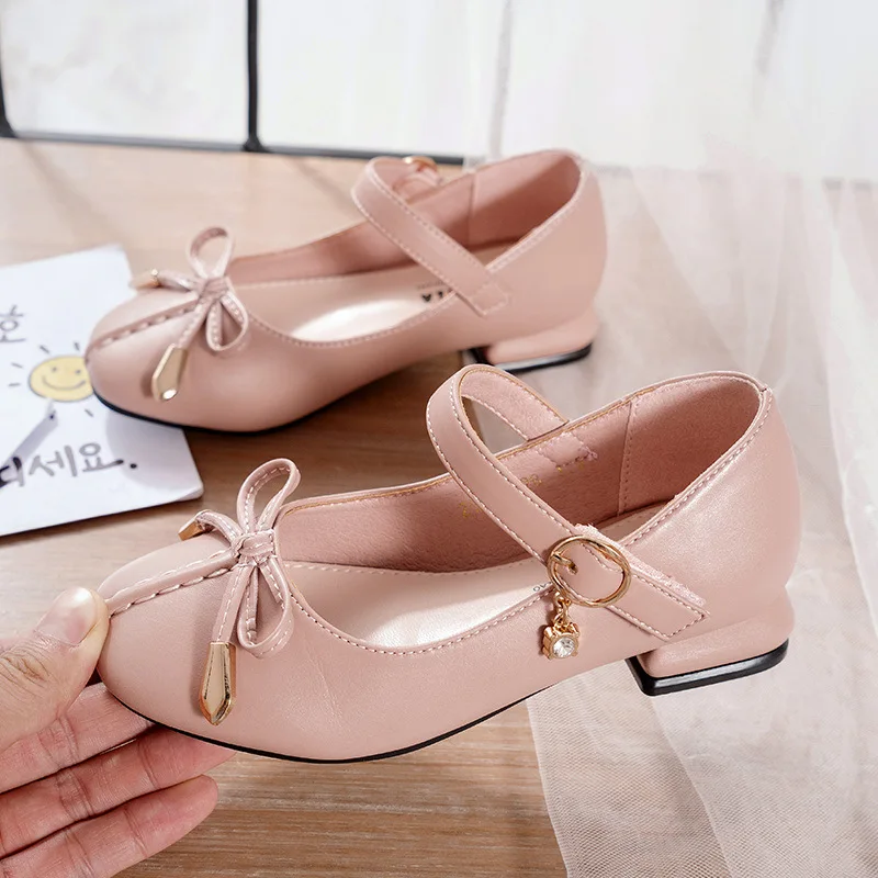 2021 Fashion High Heel Bow Girls Princess Little Shoes Leather Children