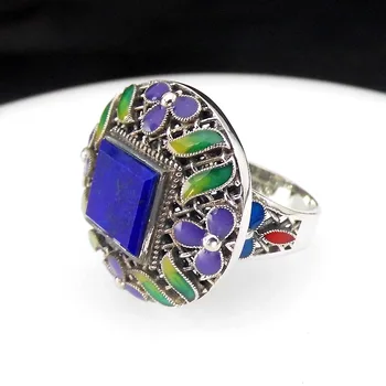 

FNJ enameling Round Rings 925 Silver Original S925 Thai Silver Ring for Women Jewelry Square Natural Yellow Agate Lapis Lazuli