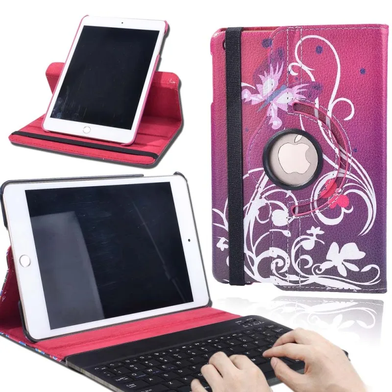 red butterfly KK& LL для iPad mini 1/2/3-планшет умный чехол вращающийся на 360 ° с автоматическим пробуждением сна Кожаный флип-чехол+ Bluetooth клавиатура - Цвет: red butterfly