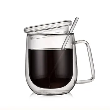 

300ml High Borosilicate Insulation Double Glazing Glass Fashion Heat-resistant Tea Cups Coffee Milk Drink Cup with Lid and Spoon