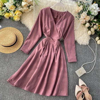 

Vintage 2020 Slim Spring Autumn V Neck Midi Long Dress Winter Women Vestido De Festa Casual dress Party A-Line Elegant Dresses