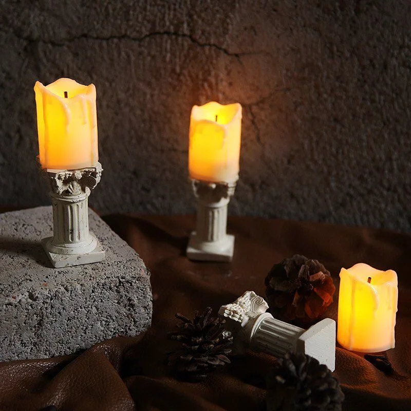 Vintage Pastoral Nordic Wind Shooting Props Model House Decoration Roman Candlestick Candle Electronic Night Light Modern