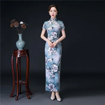 

Lady Sexy Mandarin Collar Evening Party Dress Elegant Satin Print Flower Cheongsam Large Size 3XL 4XL Qipao High Split Vestidos