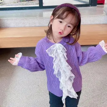 

Girls Autumn Knitted Pullover Lace Sweater Cardigan Childiren Long Sleeve Cotton Sweater Knitted Kids Sweaters Clothes