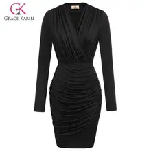 Grace Karin ผู้หญิงลำลองแขนยาว V คอชุด Draped สะโพกห่อ Bodycon Dresses ฤดูใบไม้ร่วงเซ็กซี่คลับ party MIDI DRESS(China)