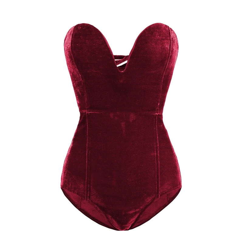 Fashion Burgundy Strapless Velvet Sexy Bodysuit Women Sweetheart Bodycon Backless Lace Up Body 2020 V Neck Party Club Bodysuits green bodysuit