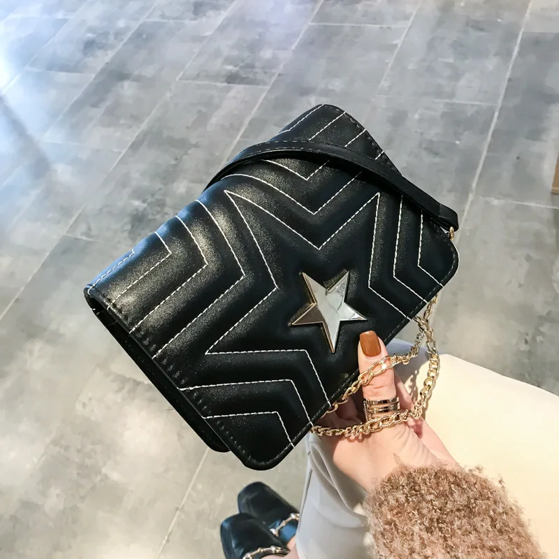 

2018 New Style Korean-style PU Crossbody Bag Five-pointed Star Shoulder Bag Versitile Fashion Pattern Lines Bag with Chain Squar