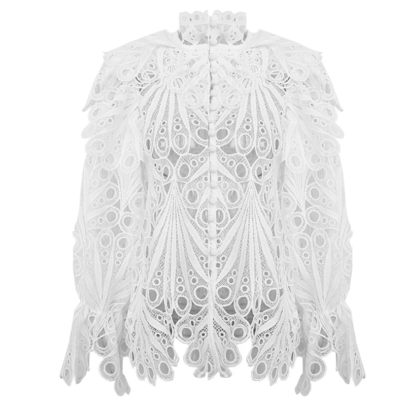GoodliShowsi модные трендовые женские открытые блузки топы сплошной цвет стоячий воротник с расклешенными рукавами шикарная кружевная рубашка 2 цвета - Цвет: Белый