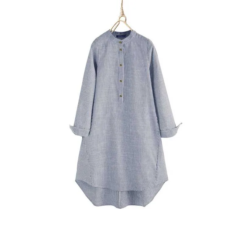 Женские топы Blusas ZANZEA Женская Повседневная хлопковая льняная рубашка женская модная Полосатая туника блузка со стоячим воротником Chemiser Mujer - Цвет: Синий