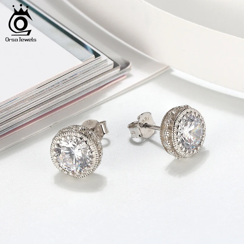

ORSA JEWELS 925 Sterling Silver Stud Earrings with Big Crystal Stone Shinny Earring AAAA Zircon for Women Jewelry Gift OSE231