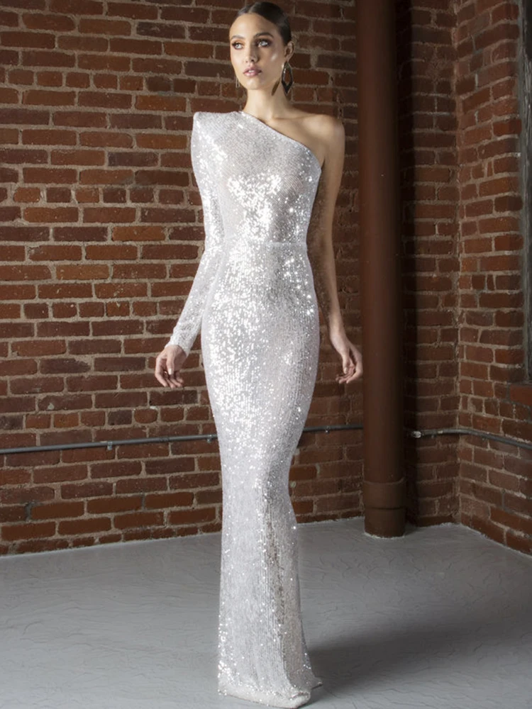VC,, серебряное, украшенное блестками, сексуальное, на одно плечо, с длинным рукавом, с разрезом сзади, вечерние, длинное платье знаменитостей - Цвет: Серебристый