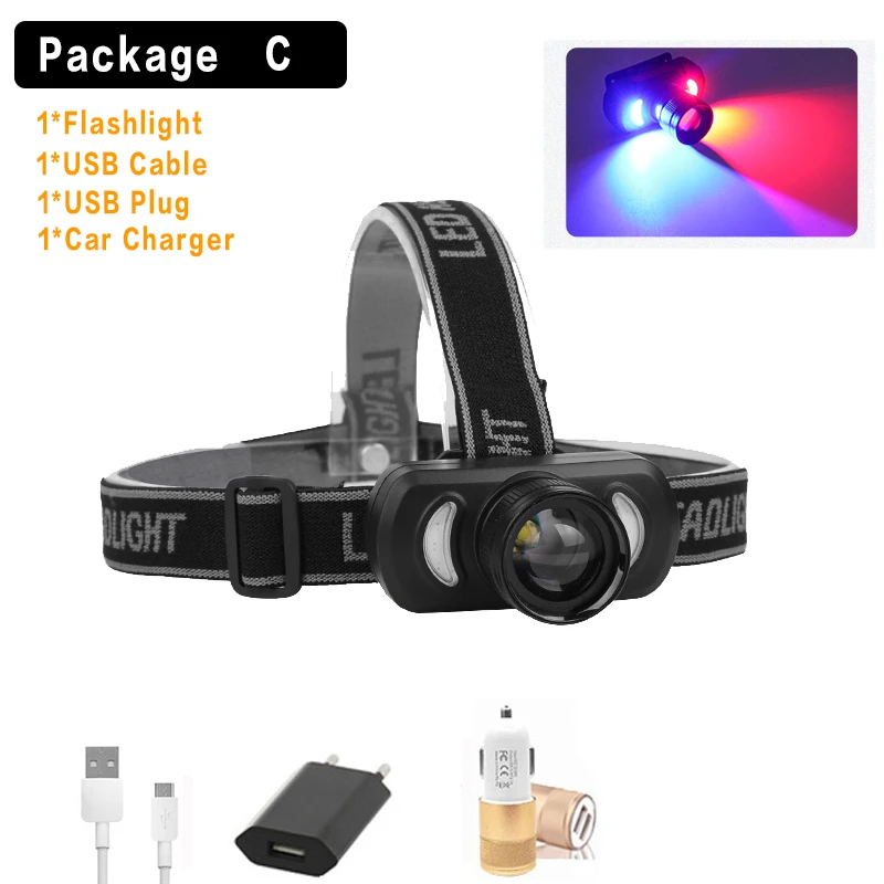 C Мини красный+ синий светодиодный налобный фонарь T6+ COB светодиодный налобный светильник, налобный фонарь, налобный светильник, USB цикл в комплекте, аккумулятор 18650 для кемпинга - Испускаемый цвет: C
