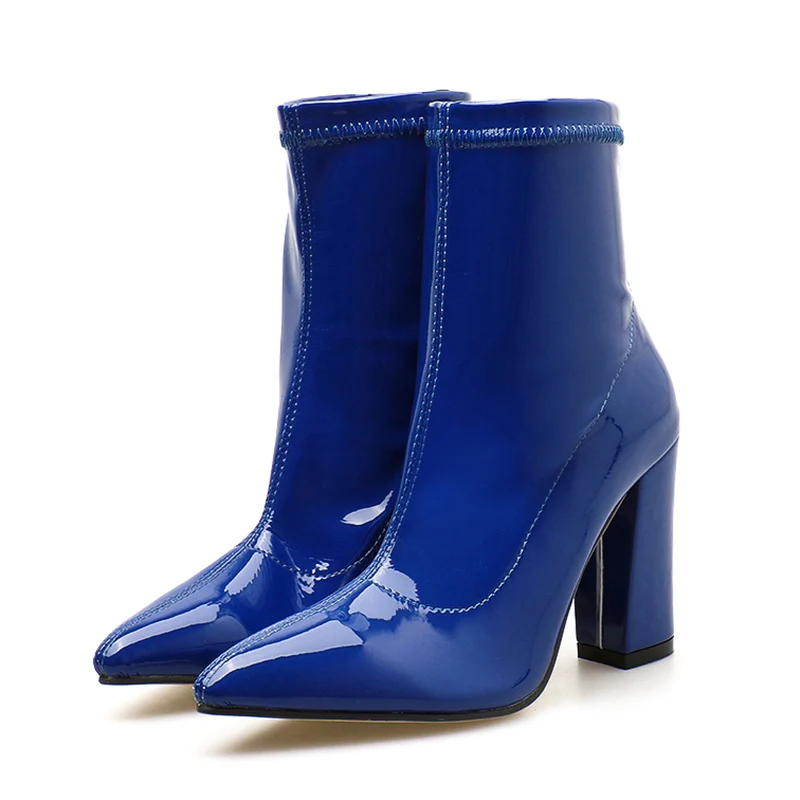 

2019 Women Fetish Blue Stripper Boots Bottes Block Thick 10cm High Heels Ankle Bottines Boots Chunky Nude Combat Punk Shoes