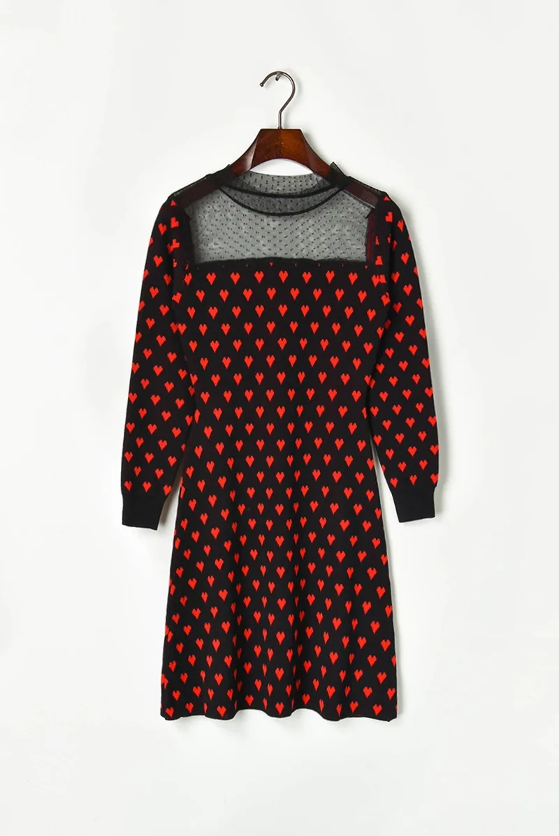 Милое платье в сеточку Лето с коротким рукавом Красное сердце в виде трикотажного платья Женское прозрачное платье до колен