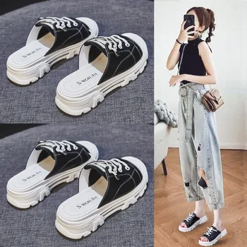 

Summer New Leisure Slippers Women Shallow Wedges Slides Outer Wear Embroidery Small Daisies Thick Bottom 4.5cmHigh Heels Lace up