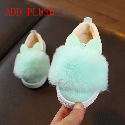 GREEN ADD PLUSH LCIZRONG; зимняя теплая обувь для девочек; милая плюшевая детская повседневная обувь на плоской подошве с заячьими ушками; теплая детская обувь на плоской подошве; цвет белый, розовый - Цвет: GREEN ADD PLUSH