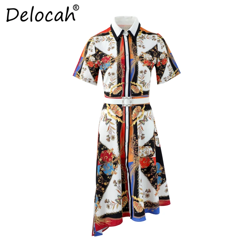 Delocah новые Подиумные модное летнее платье Для женщин короткий рукав Элегантные Комбинезоны с рисунком Винтаж сезонная ассиметричное миди платья