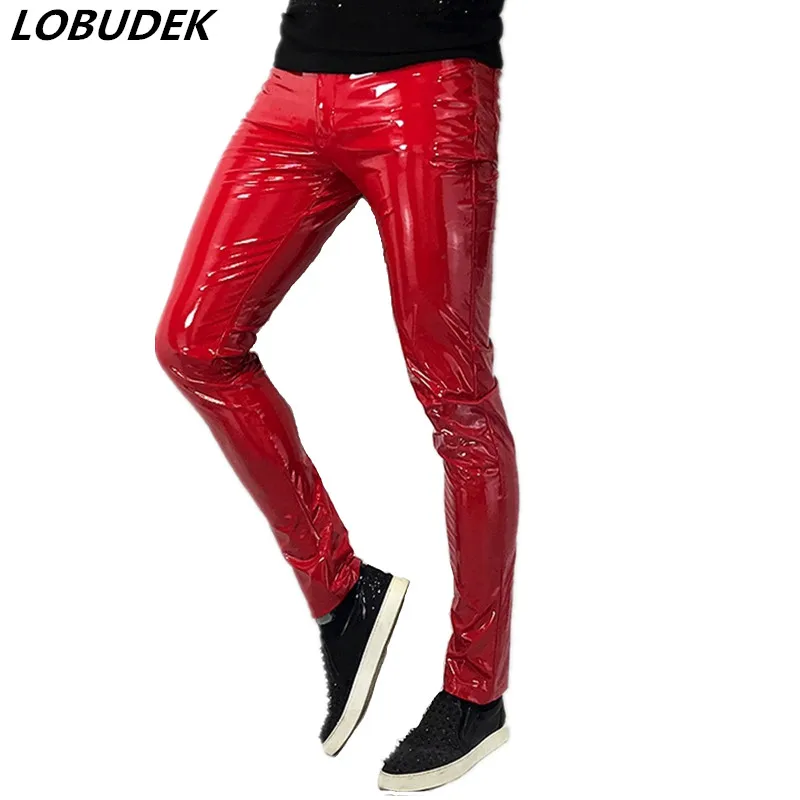 Red Black Skinny Stretch Leather Pants 