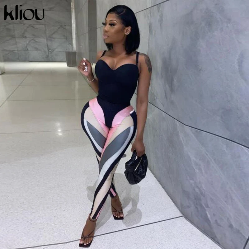 Kliou Color Blocking Women Leggings High Waist Stretchy Skinny Striped Fitness Pants Color Match Streetwear Slim Clothing 2