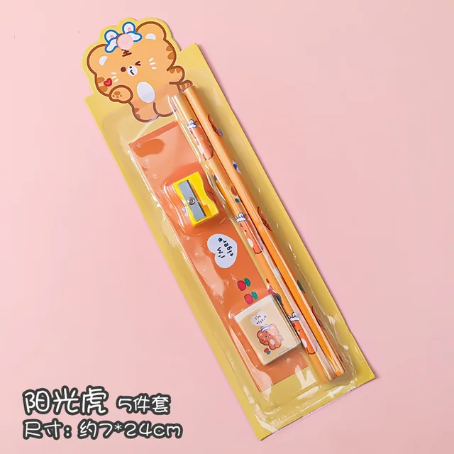 5 In 1 Cartoon Pencil Sharpener Set Students Learn Stationery Eraser Ruler Children Drawing Sketch Supplies Kindergarten Gifts Tiger