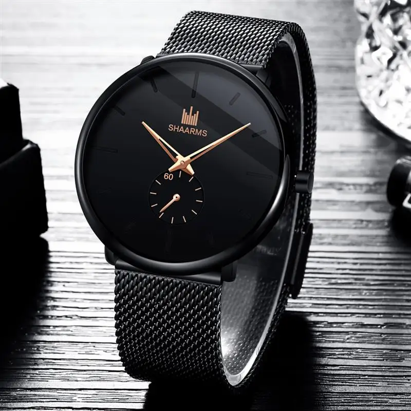 

SHAARMS Men Business Watch Mesh Strap Black Band Stainless Steel Quartz Wristwatch Fashion Watches Simple Relogio Masculino