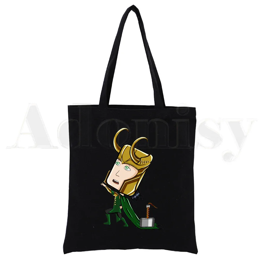 Super Hero LOKI Funny God of Mischief Reusable Shopping Bag Canvas Tote Bags Printing Eco Bag Shopper Shoulder Bags Black