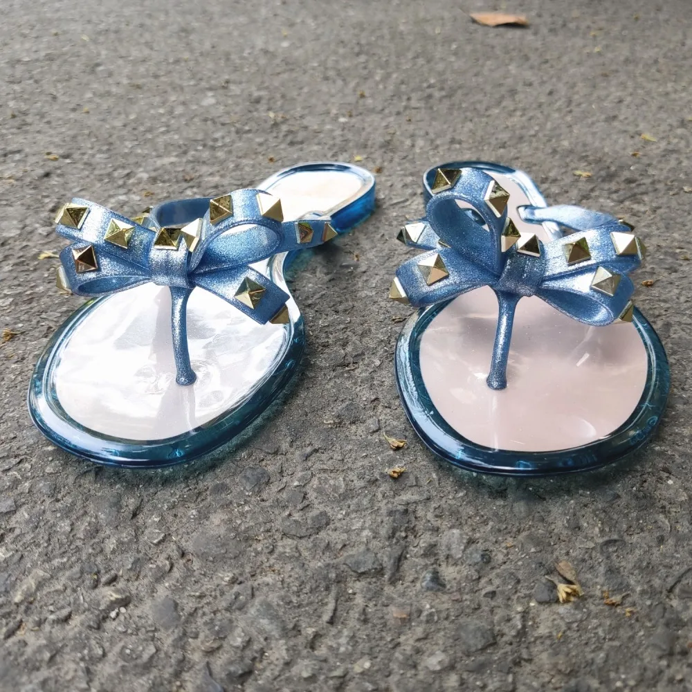 Summer Beach Sandals Woman Flip Flops PVC Slides Female Sandals Rivet Bowknot Slip on Flat with Women Studs Slippers Jelly Shoes