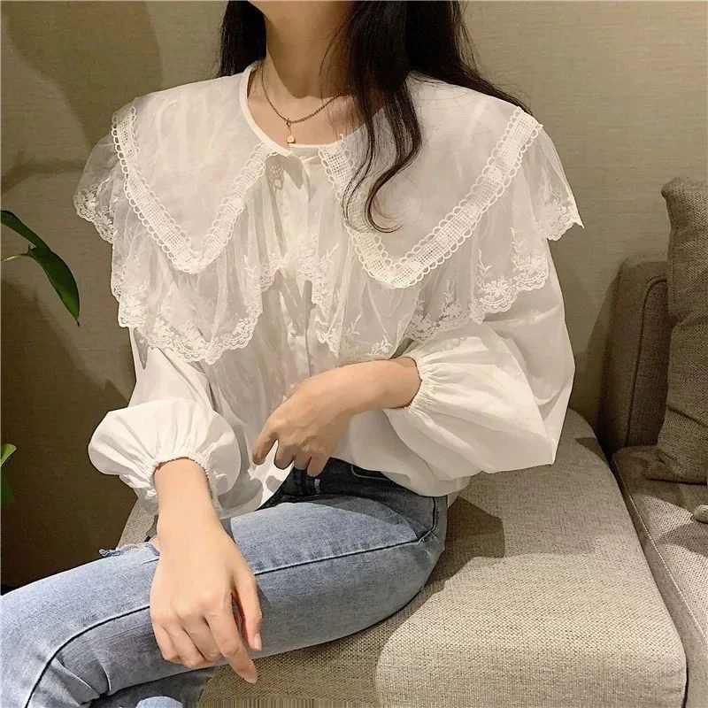 De manga larga para Mujer, camisa con cuello De encaje, Ropa Parte Superior Femenina|Camisa| - AliExpress