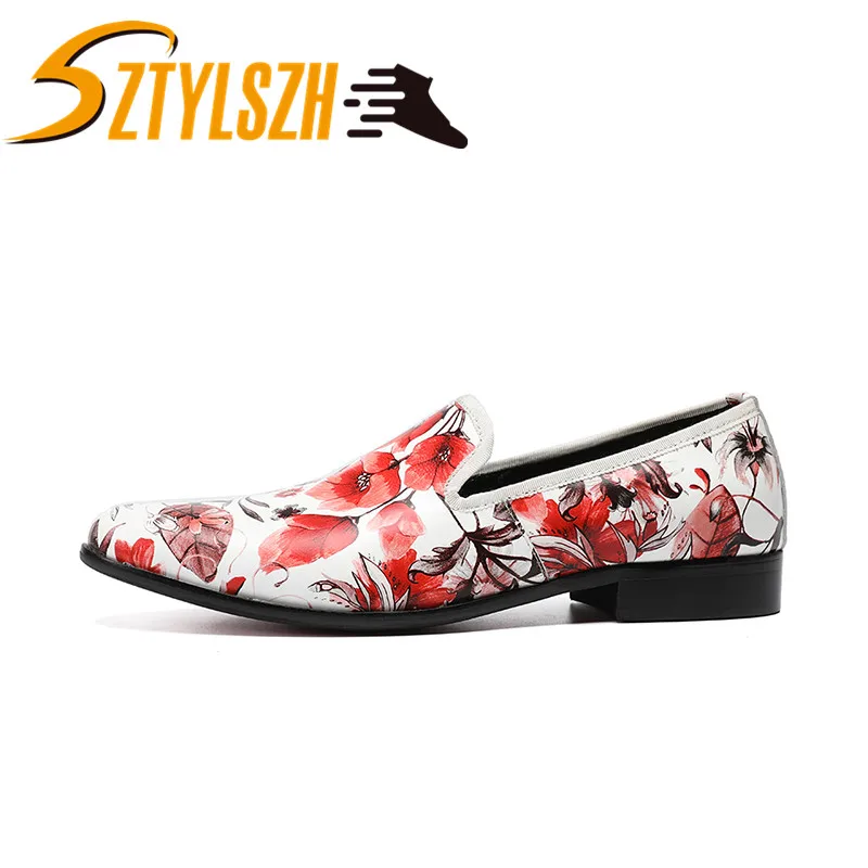 New British Style Flowers Printing Genuine Leather Men Loafers White Wedding Party Male Dress Shoes Clean and fresh Trend Shoes