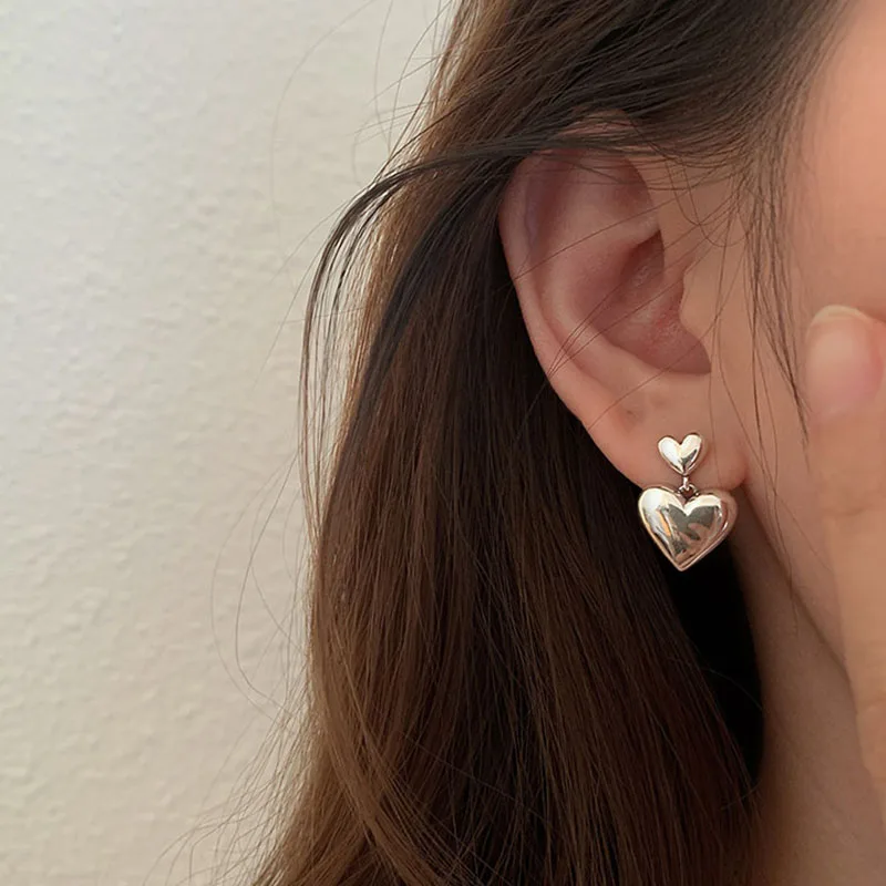FOXANRY Prevent Allergy Silver Color Stud Earrings For Women Summer Trendy Vintage Sweet LOVE Heart Pendant Party Jewelry