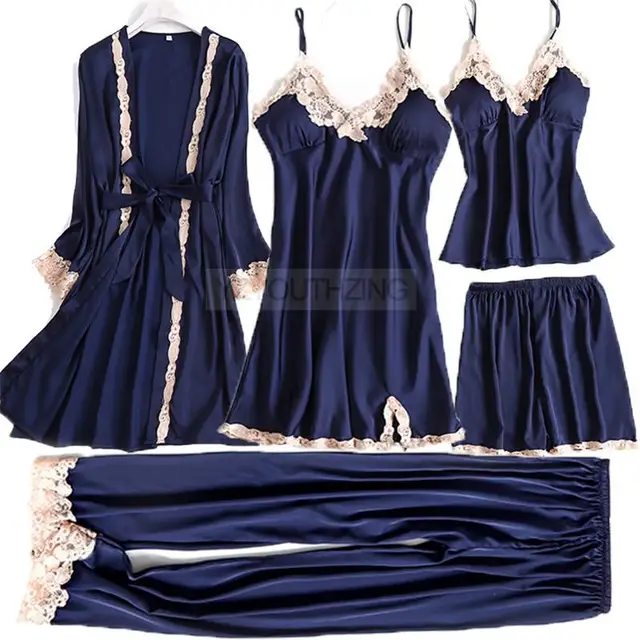 Pajama Set Women Lace Trim Satin Sleepwear Pyjamas Pour Femme Summer Nightwear With Pants Casual Home Wear Kimono Robe Gown PJS Navy Blue E
