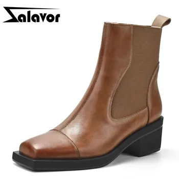 

ZALAVOR Women Ankle Boots Real Leather Square Toe Women Short Boots Cool Fashion Ladies Shoes Winter Footwear Size 34-39