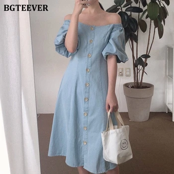 

BGTEEVER Summer Slash Neck Denim Dress for Women Puff Sleeve Single-breasted Slim Waist A-line Female Midi Dress Vestidos 2020
