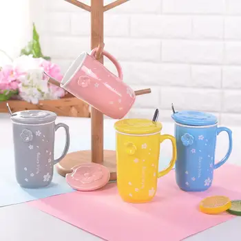 

Cherry Blossom Rain Tea of Soda Compound Ceramic Mug Couple's with Lid Spoon Water Tea Coffee Cup Manufacturer Wholesale