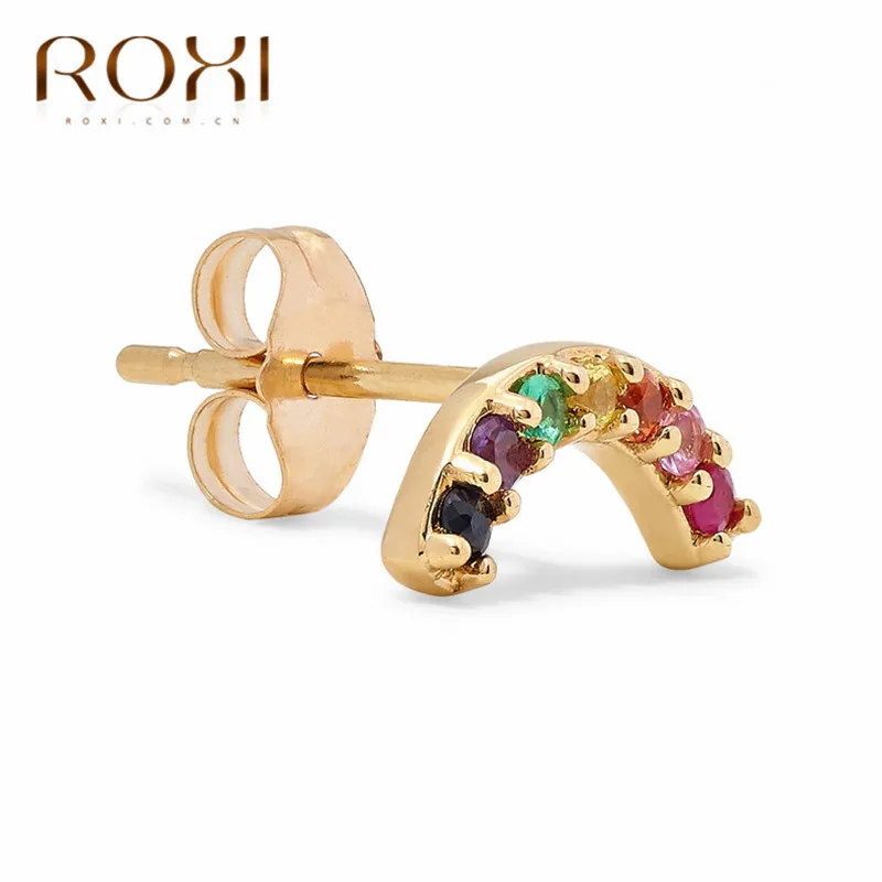 ROXI 925 пробы серебряные радужные CZ серьги-гвоздики для женщин крошечные кубические циркониевые С-образные серьга геометрической формы корейские ювелирные изделия